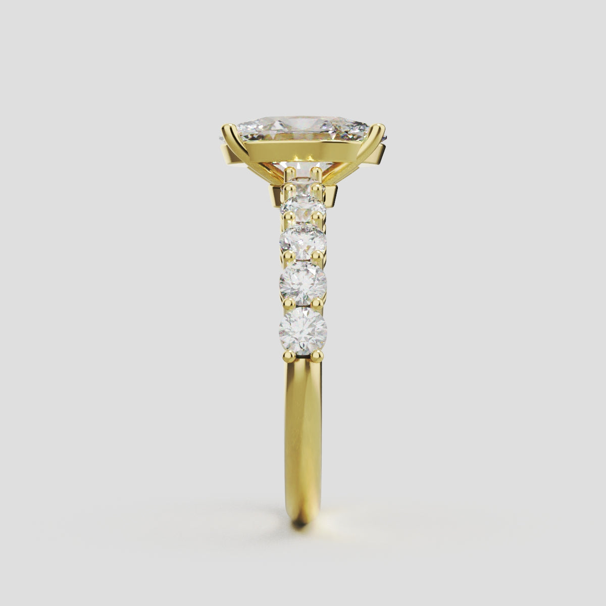 Rivo, 1.5ct oval lab grown diamond engagement ring, 2.5mm Side Stones, 18K yellow gold - side view