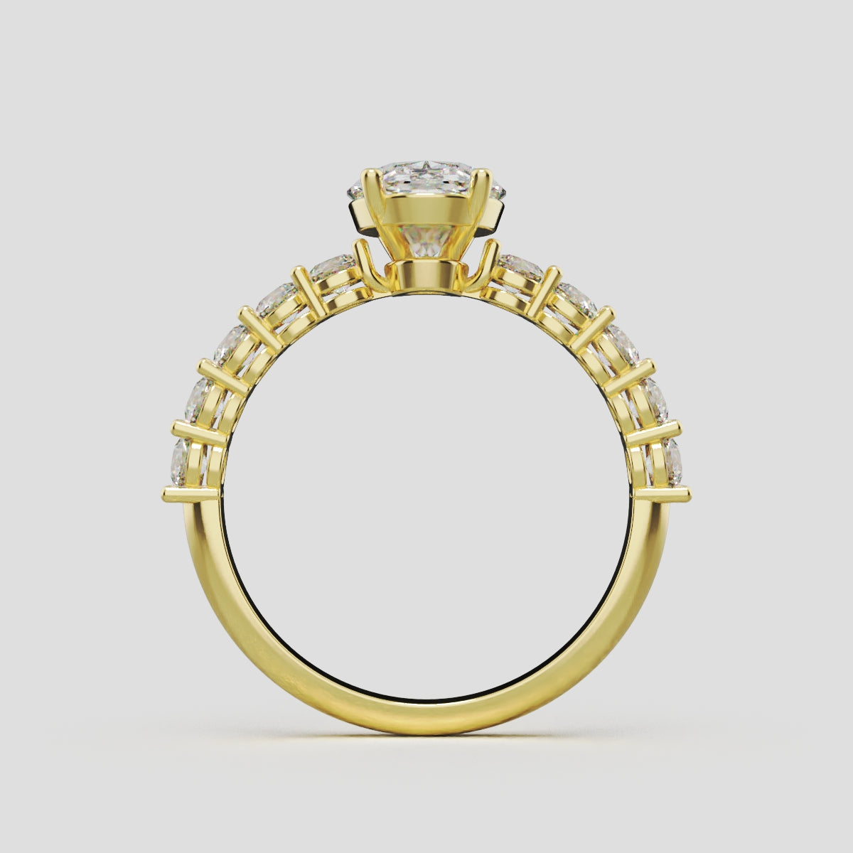 Rivo, 1.5ct oval lab grown diamond engagement ring, 2.5mm Side Stones, 18K yellow gold - through finger