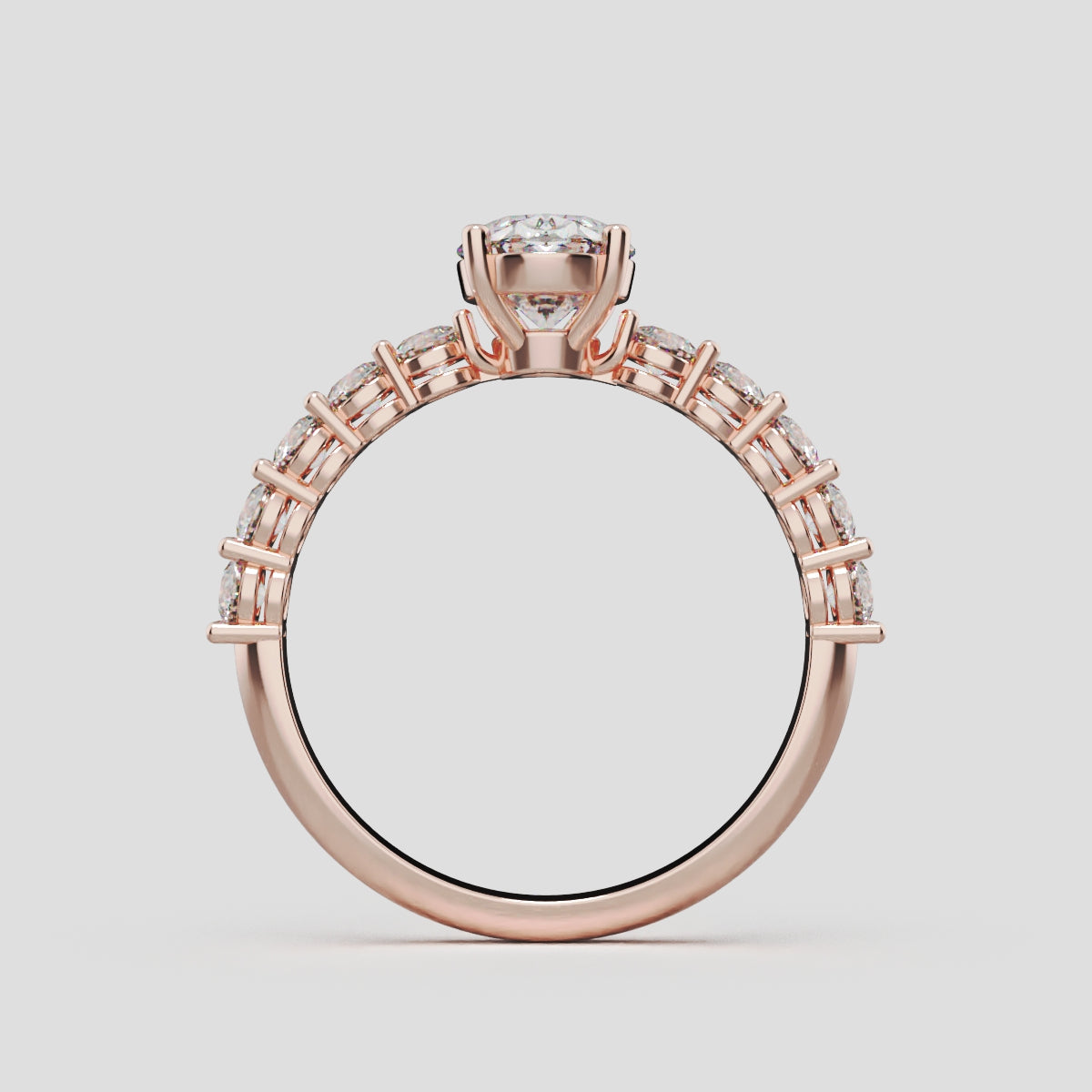 Rivo, 1ct oval lab grown diamond engagement ring, 2.5mm Side Stones, 18K rose gold - through finger