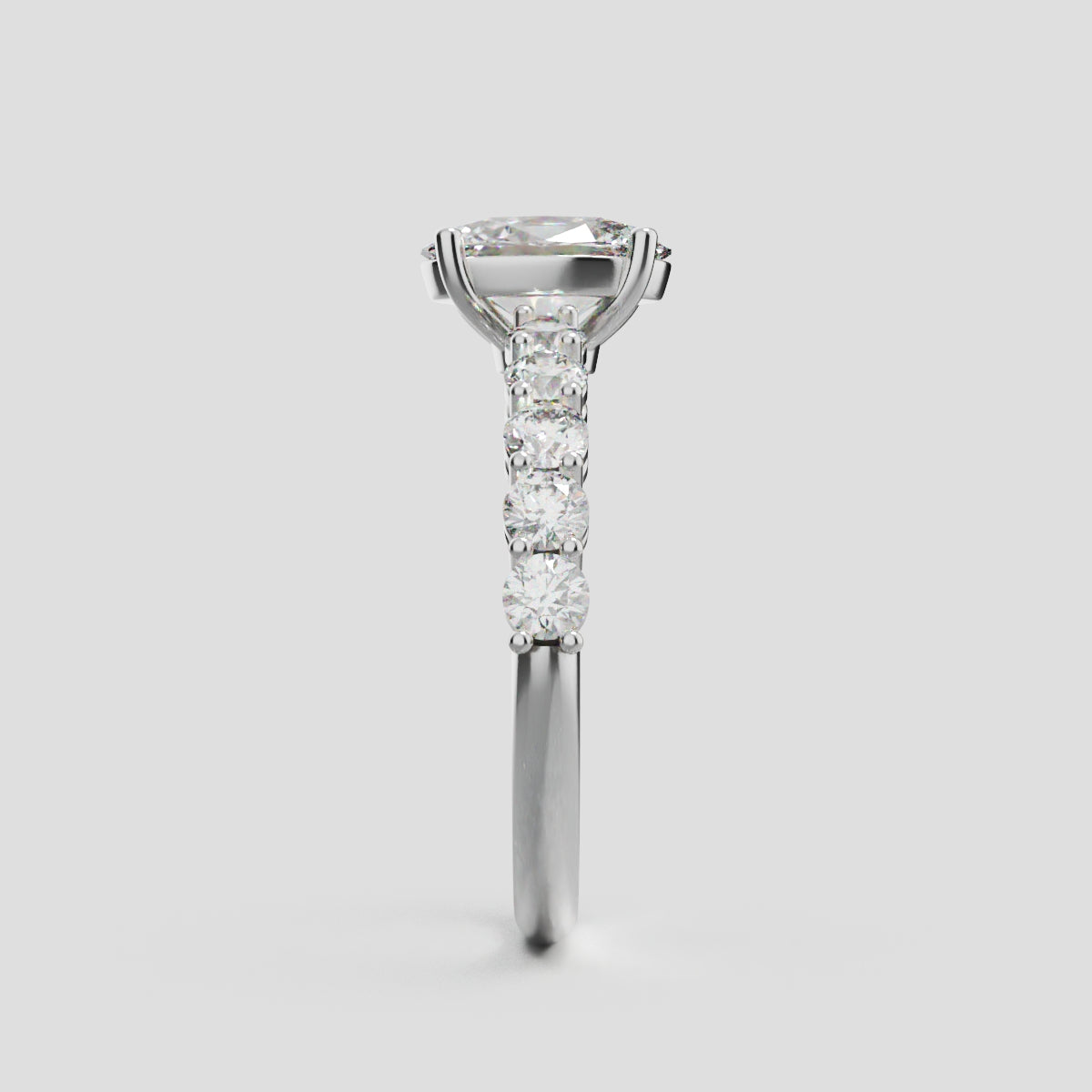 Rivo, 1ct oval lab grown diamond engagement ring, 2.5mm Side Stones, 18K white gold - side view