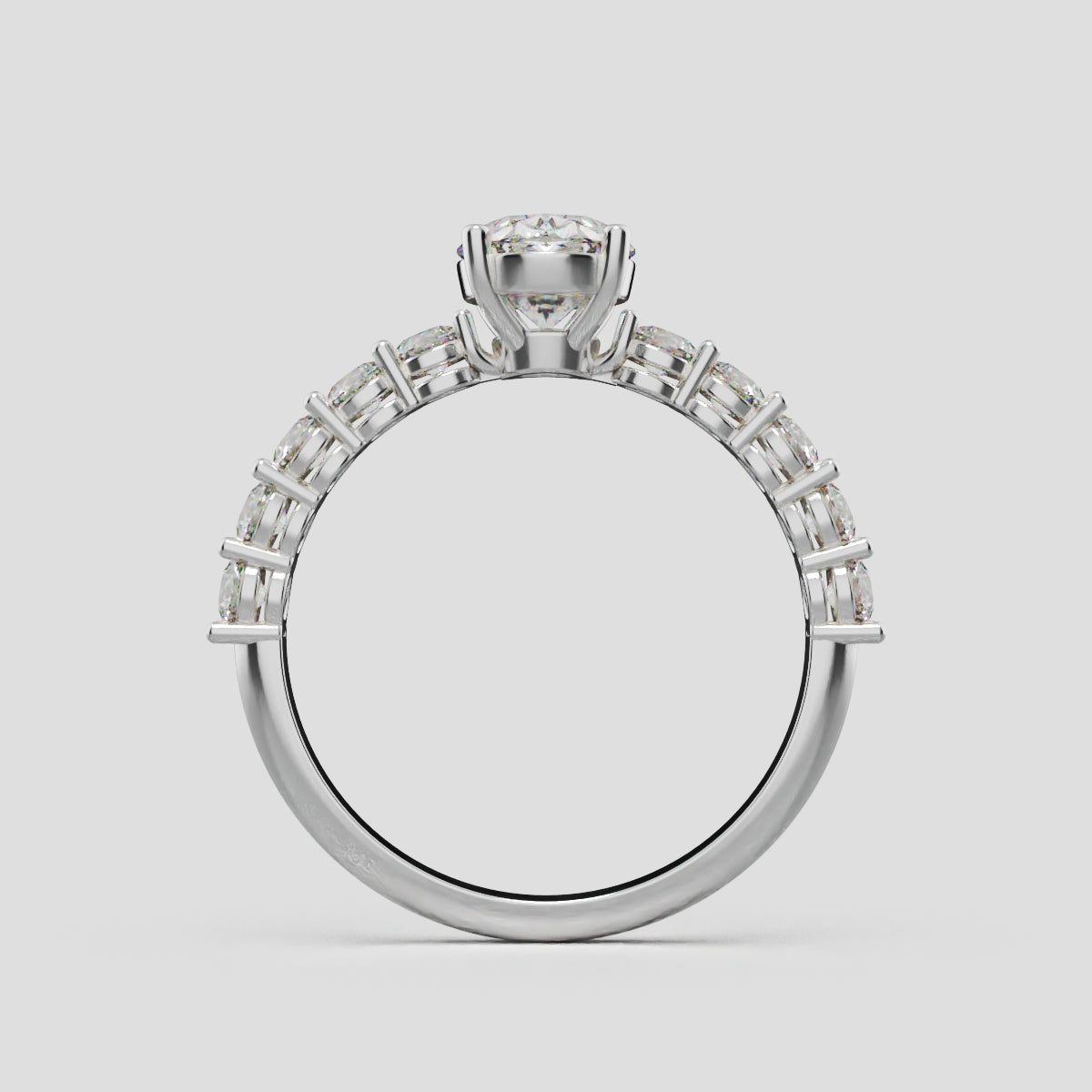 Rivo, 1ct oval lab grown diamond engagement ring, 2.5mm Side Stones, 18K white gold - through finger