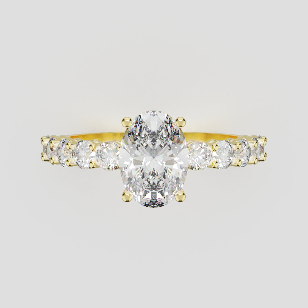 Rivo, 1ct oval lab grown diamond engagement ring, 2.5mm Side Stones, 18K yellow gold - front view