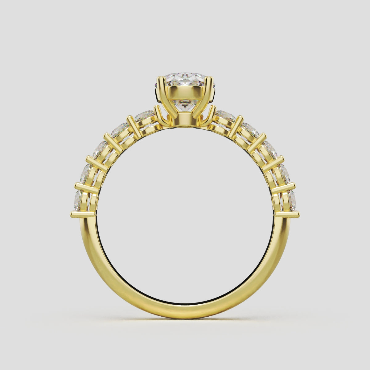 Rivo, 1ct oval lab grown diamond engagement ring, 2.5mm Side Stones, 18K yellow gold - through finger