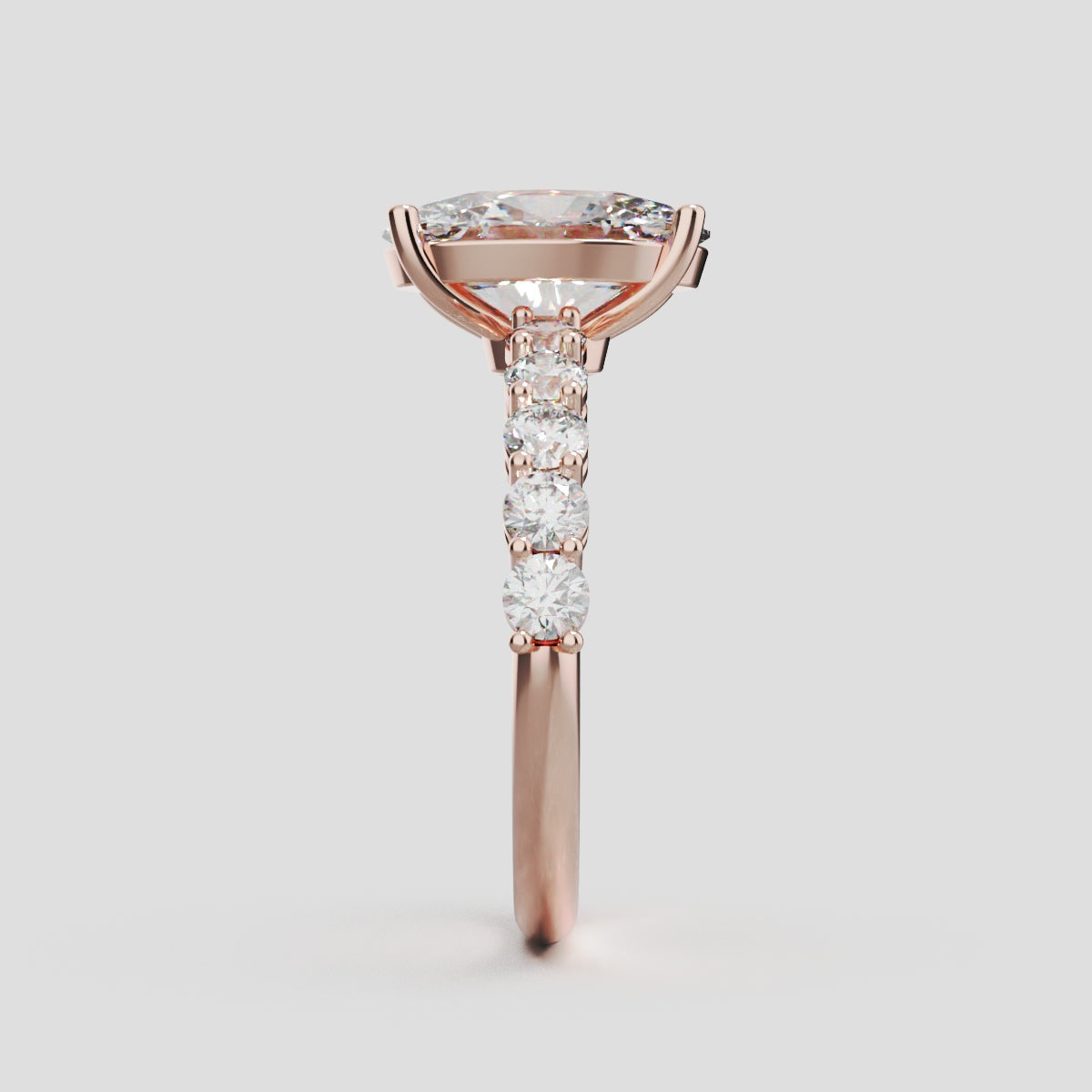 Rivo, 2ct oval lab grown diamond engagement ring, 2.5mm Side Stones, 18K rose gold - side view