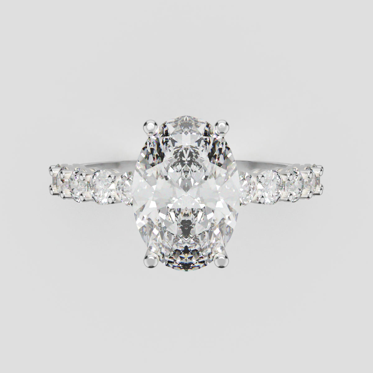 Rivo, 2ct oval lab grown diamond engagement ring, 2.5mm Side Stones, 18K white gold - front view