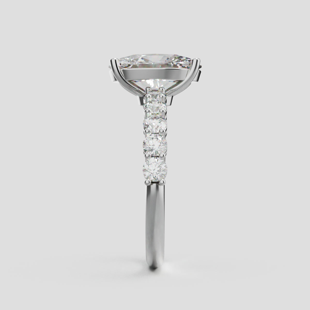 Rivo, 2ct oval lab grown diamond engagement ring, 2.5mm Side Stones, 18K white gold - side view