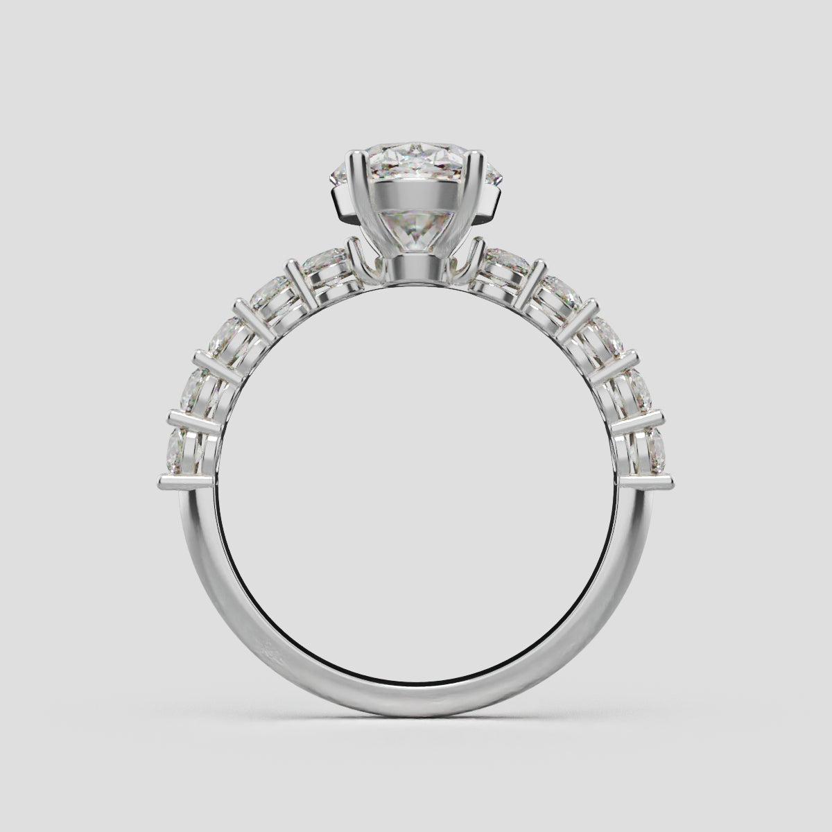 Rivo, 2ct oval lab grown diamond engagement ring, 2.5mm Side Stones, 18K white gold - through finger