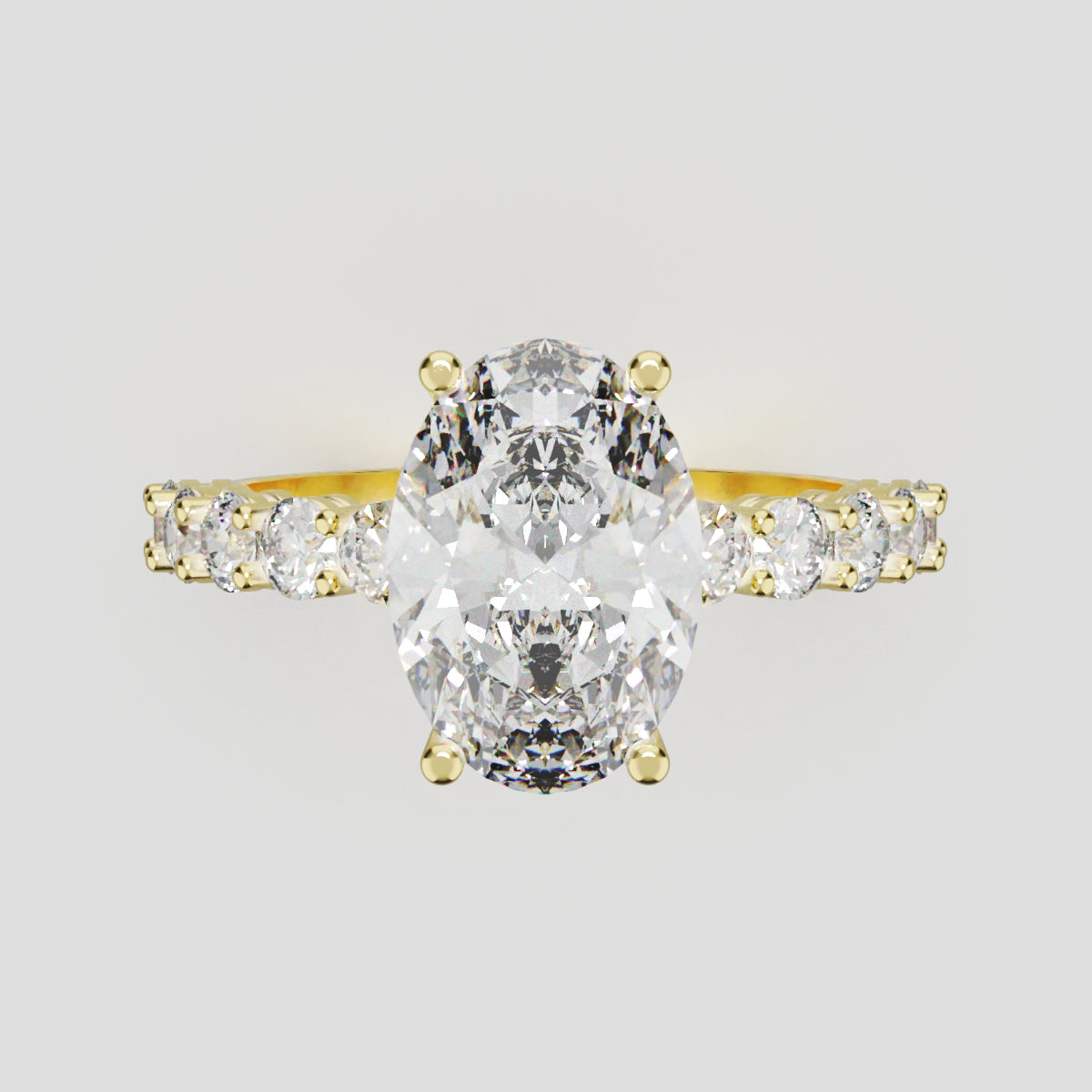 Rivo, 2ct oval lab grown diamond engagement ring, 2.5mm Side Stones, 18K yellow gold - front view