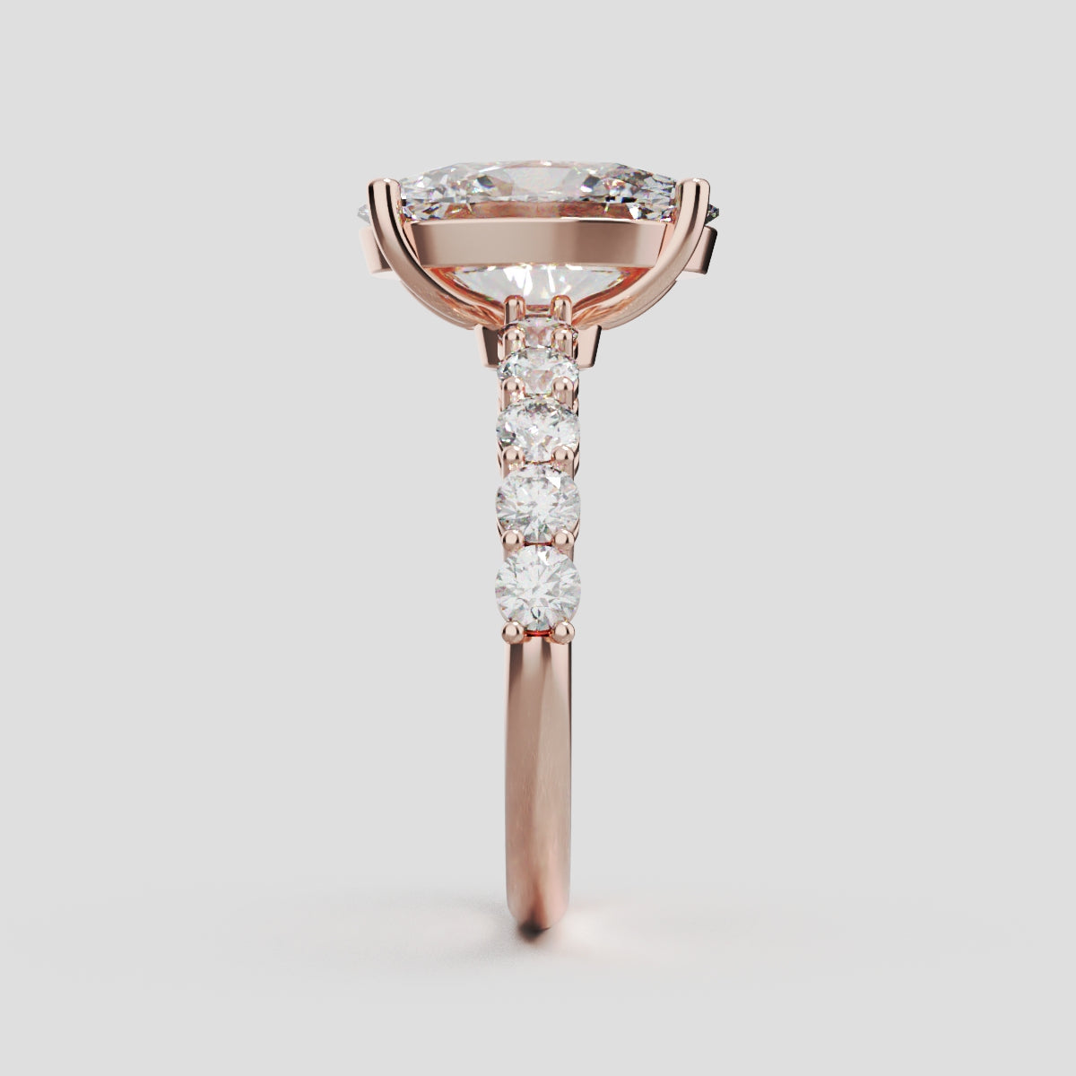 Rivo, 3ct oval lab grown diamond engagement ring, 2.5mm Side Stones, 18K rose gold - side view