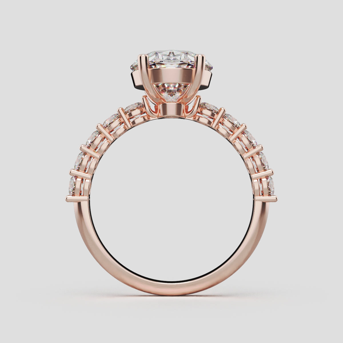 Rivo, 3ct oval lab grown diamond engagement ring, 2.5mm Side Stones, 18K rose gold - through finger