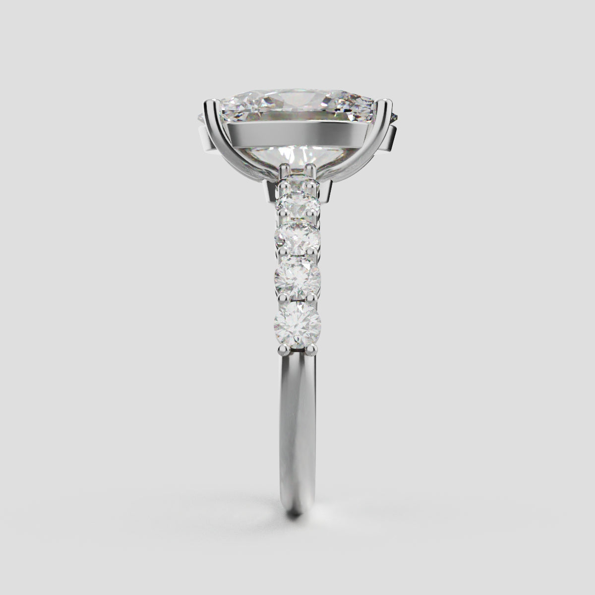 Rivo, 3ct oval lab grown diamond engagement ring, 2.5mm Side Stones, 18K white gold - side view