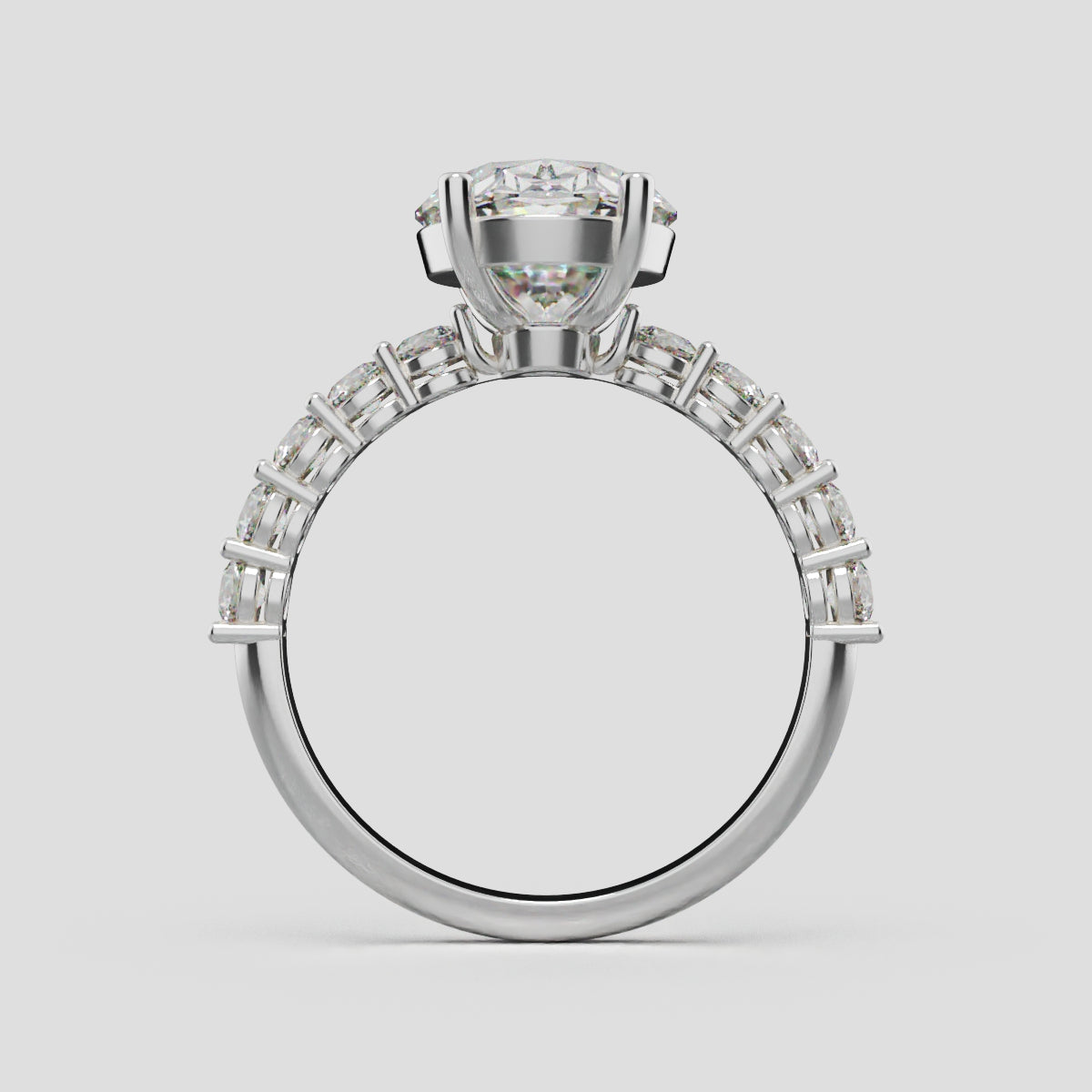Rivo, 3ct oval lab grown diamond engagement ring, 2.5mm Side Stones, 18K white gold - through finger