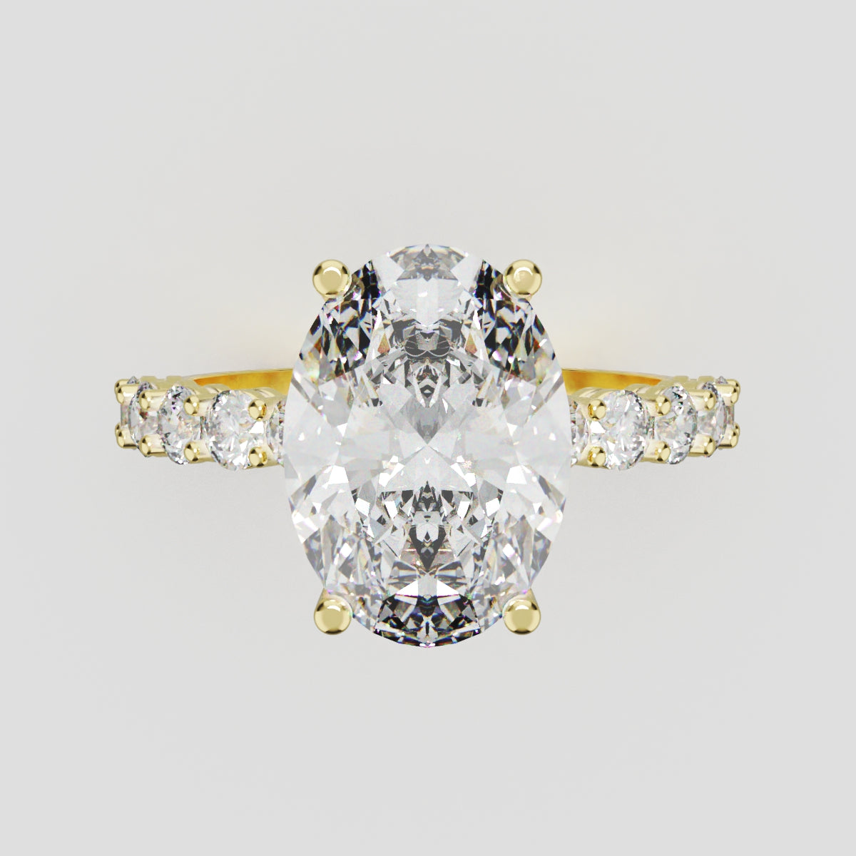 Rivo, 3ct oval lab grown diamond engagement ring, 2.5mm Side Stones, 18K yellow gold - front view