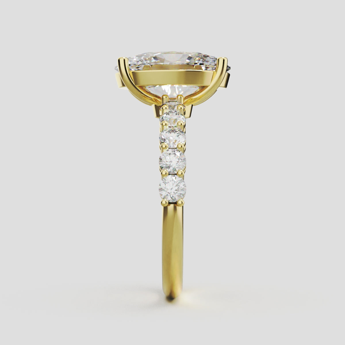 Rivo, 3ct oval lab grown diamond engagement ring, 2.5mm Side Stones, 18K yellow gold - side view