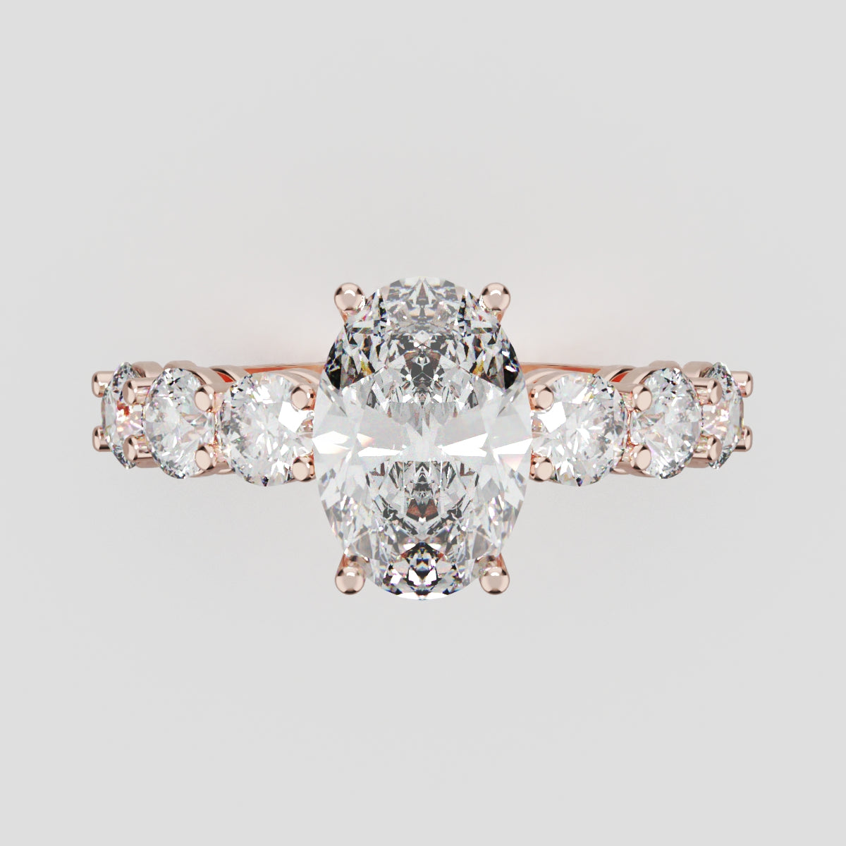 Delta, 1.5ct oval lab grown diamond engagement ring, 3.5mm Side Stones, 18K rose gold - front view