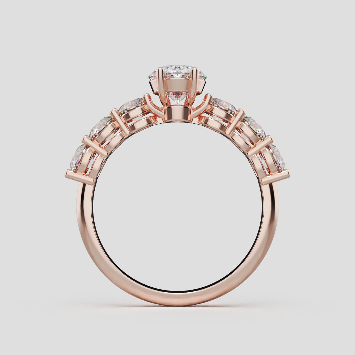 Delta, 1ct oval lab grown diamond engagement ring, 3.5mm Side Stones, 18K rose gold - through finger