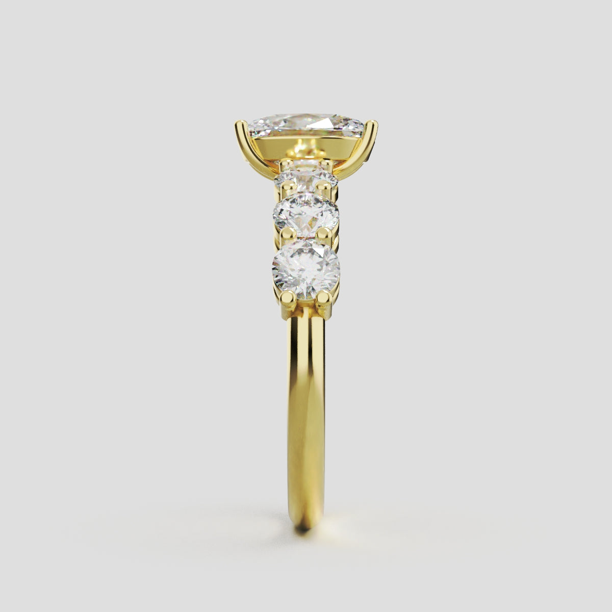 Delta, 1ct oval lab grown diamond engagement ring, 3.5mm Side Stones, 18K yellow gold - side view