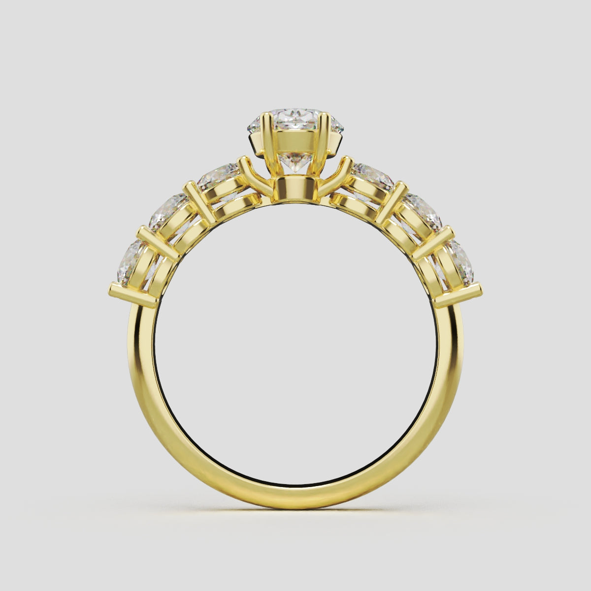 Delta, 1ct oval lab grown diamond engagement ring, 3.5mm Side Stones, 18K yellow gold - through finger
