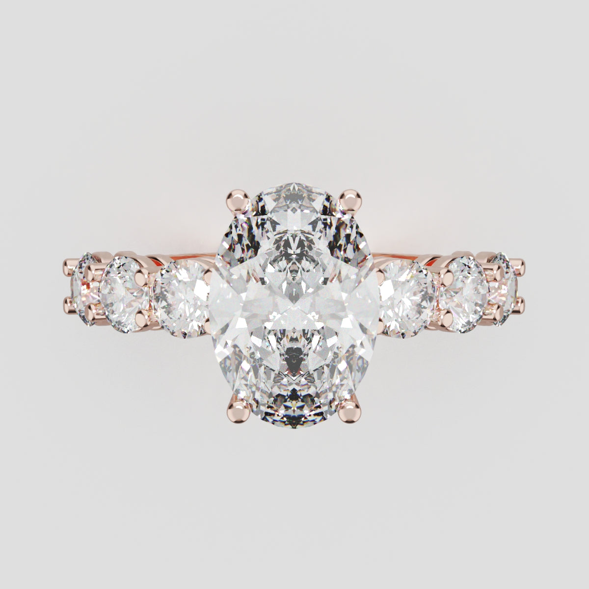 Delta, 2ct oval lab grown diamond engagement ring, 3.5mm Side Stones, 18K rose gold - front view