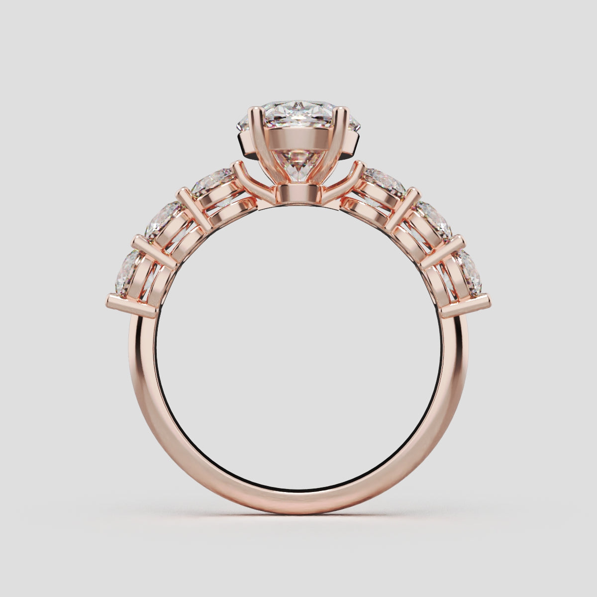 Delta, 2ct oval lab grown diamond engagement ring, 3.5mm Side Stones, 18K rose gold - through finger