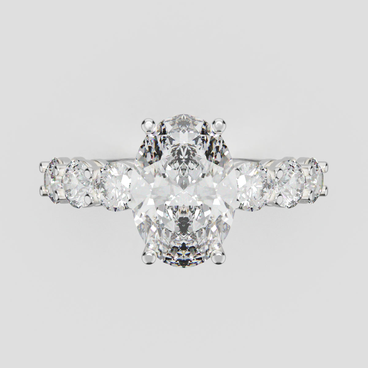 Delta, 2ct oval lab grown diamond engagement ring, 3.5mm Side Stones, 18K white gold - front view