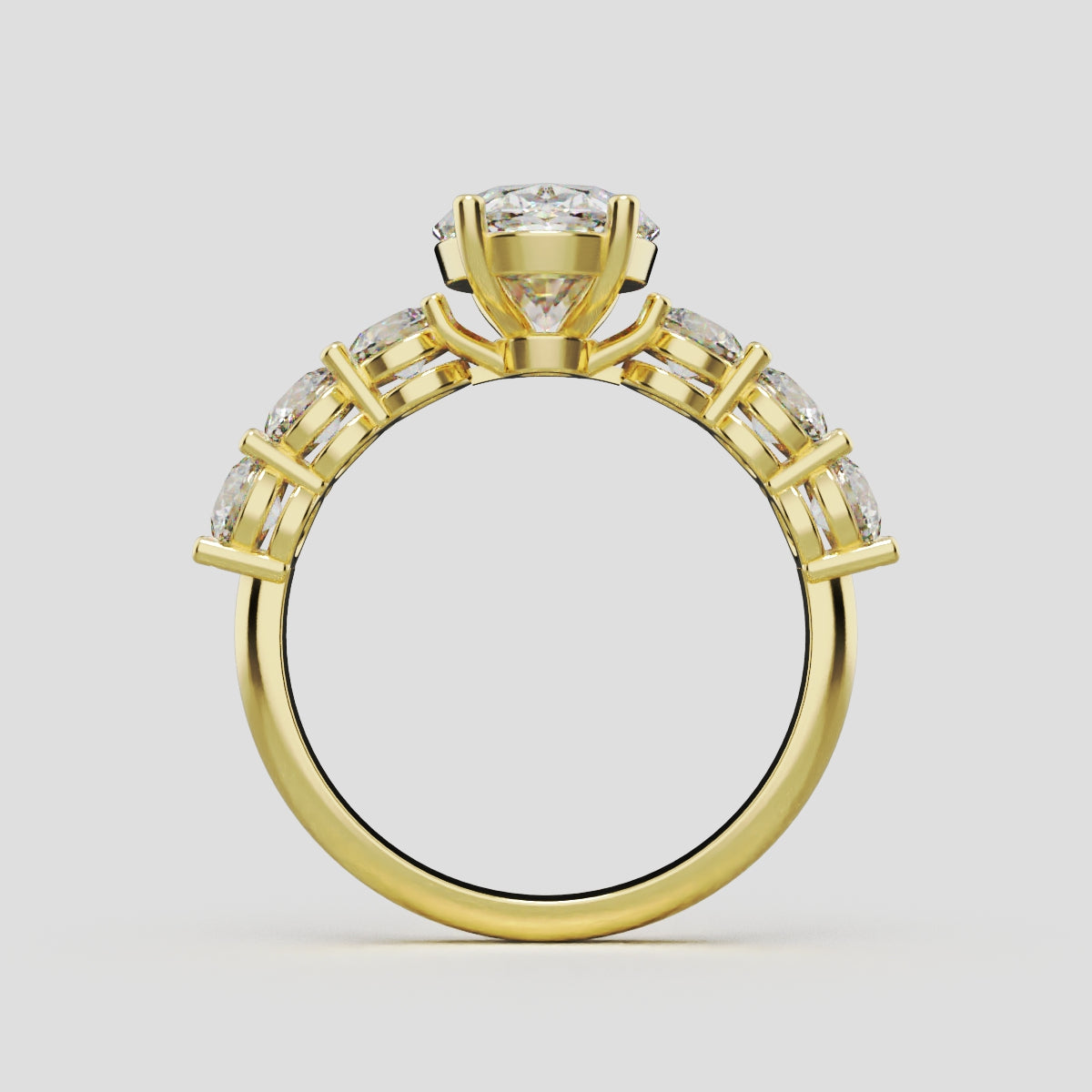 Delta, 2ct oval lab grown diamond engagement ring, 3.5mm Side Stones, 18K yellow gold - through finger