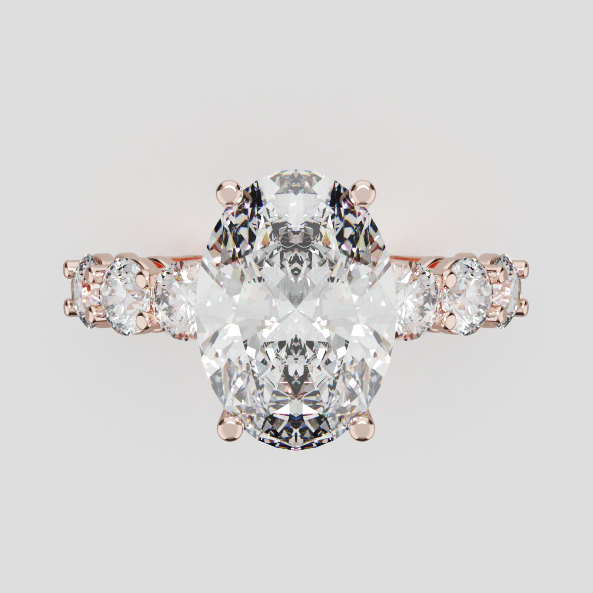 Delta, 3ct oval lab grown diamond engagement ring, 3.5mm Side Stones, 18K rose gold - front view