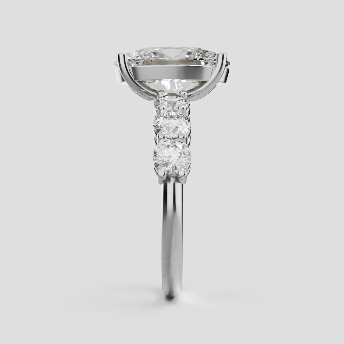 Delta, 3ct oval lab grown diamond engagement ring, 3.5mm Side Stones, 18K white gold - side view