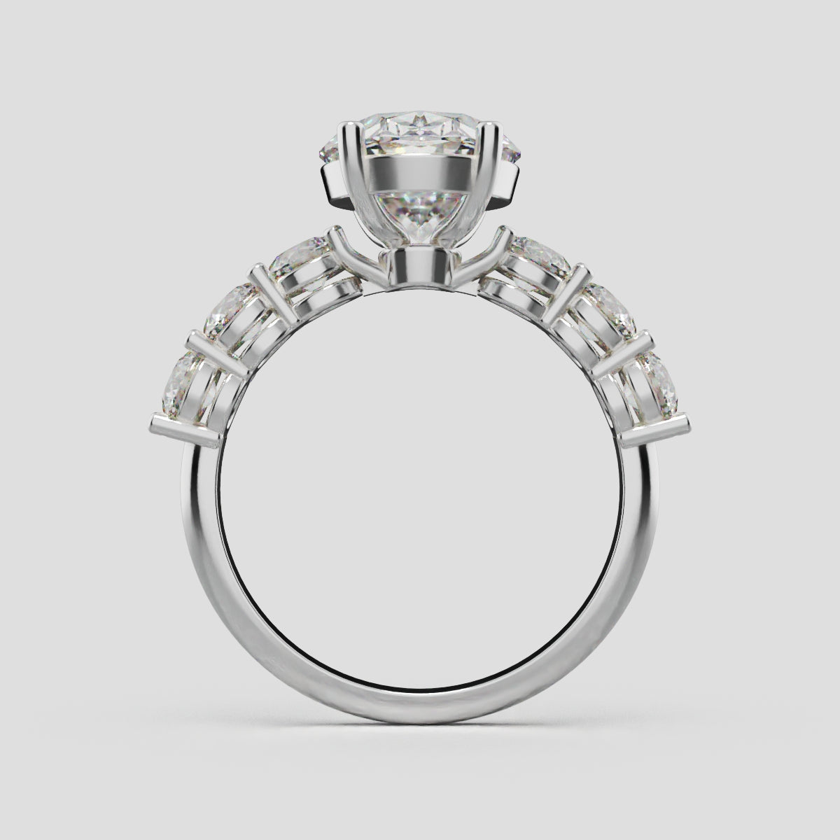 Delta, 3ct oval lab grown diamond engagement ring, 3.5mm Side Stones, 18K white gold - through finger