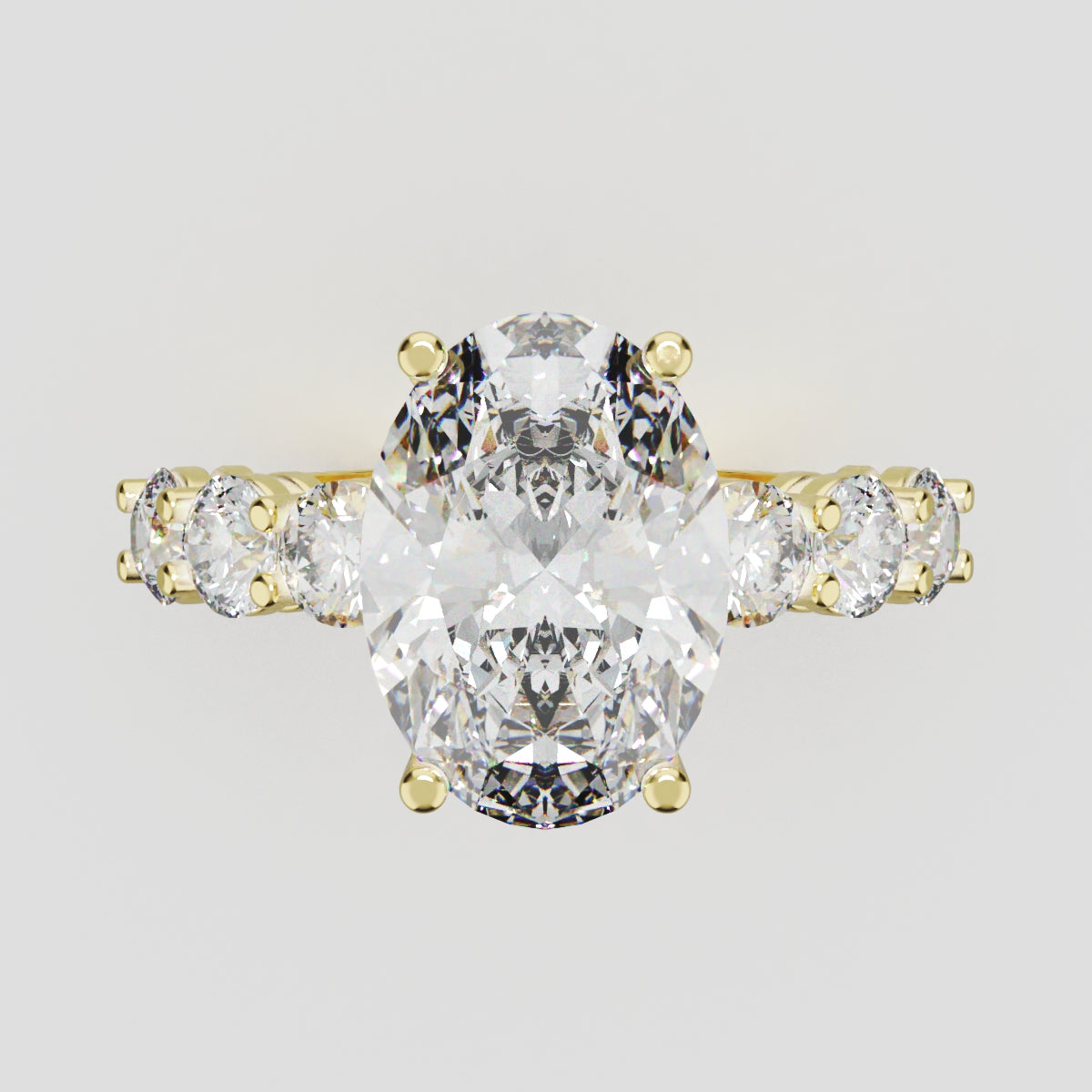 Delta, 3ct oval lab grown diamond engagement ring, 3.5mm Side Stones, 18K yellow gold - front view