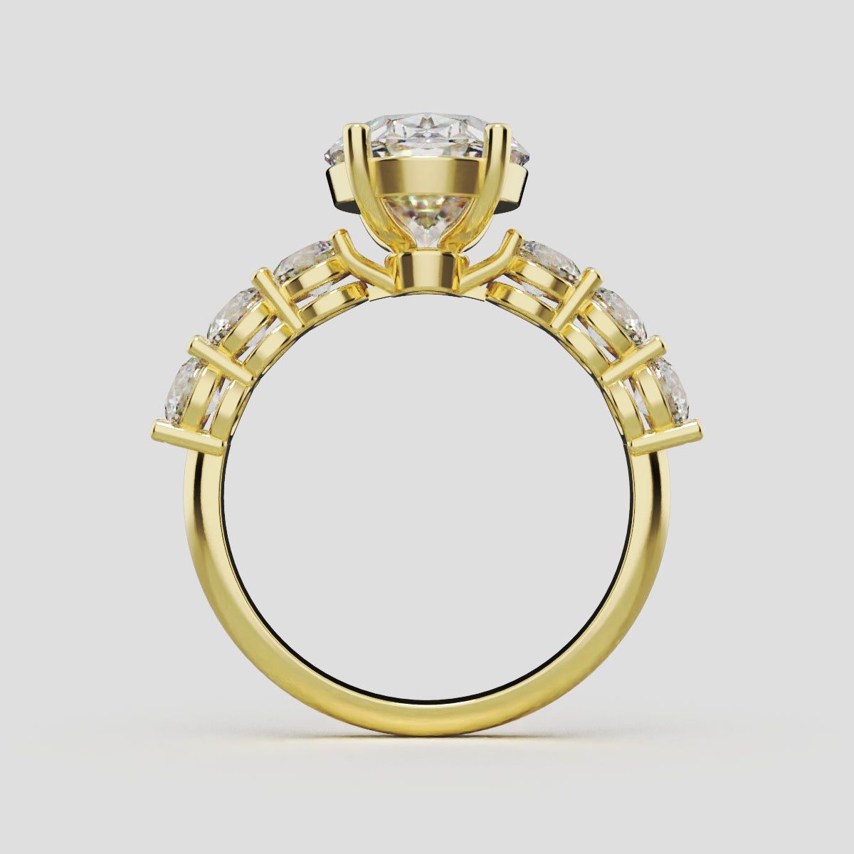 Delta, 3ct oval lab grown diamond engagement ring, 3.5mm Side Stones, 18K yellow gold - through finger