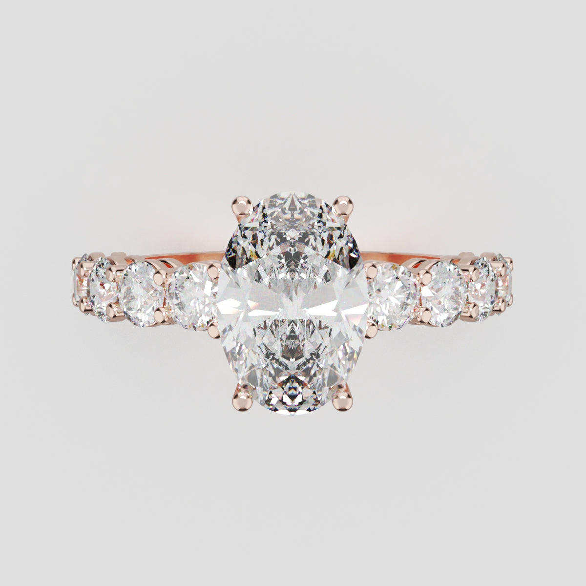 Fiume, 1.5ct oval lab grown diamond engagement ring, 3mm Side Stones, 18K rose gold - front view