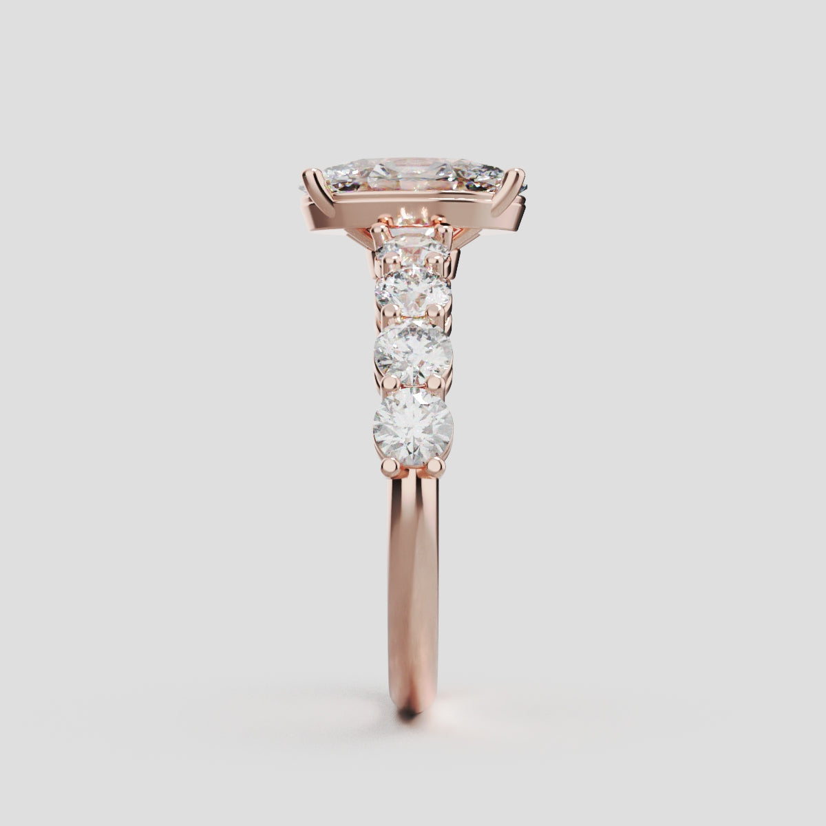 Fiume, 1.5ct oval lab grown diamond engagement ring, 3mm Side Stones, 18K rose gold - side view