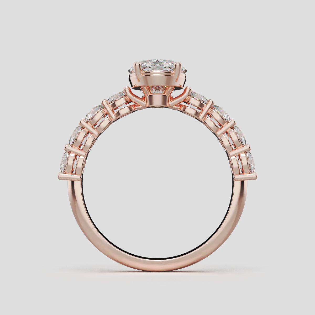 Fiume, 1.5ct oval lab grown diamond engagement ring, 3mm Side Stones, 18K rose gold - through finger
