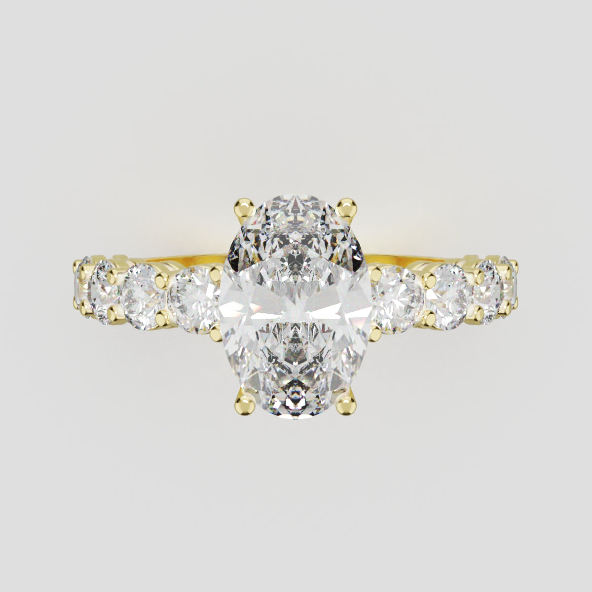 Fiume, 1.5ct oval lab grown diamond engagement ring, 3mm Side Stones, 18K yellow gold - front view