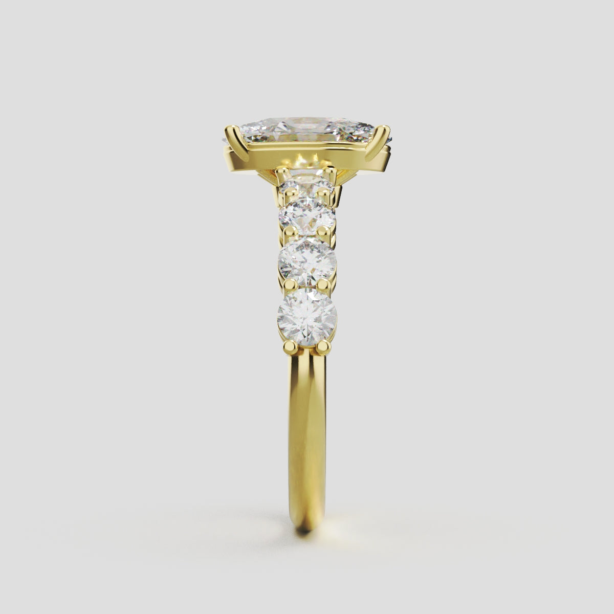 Fiume, 1.5ct oval lab grown diamond engagement ring, 3mm Side Stones, 18K yellow gold - side view