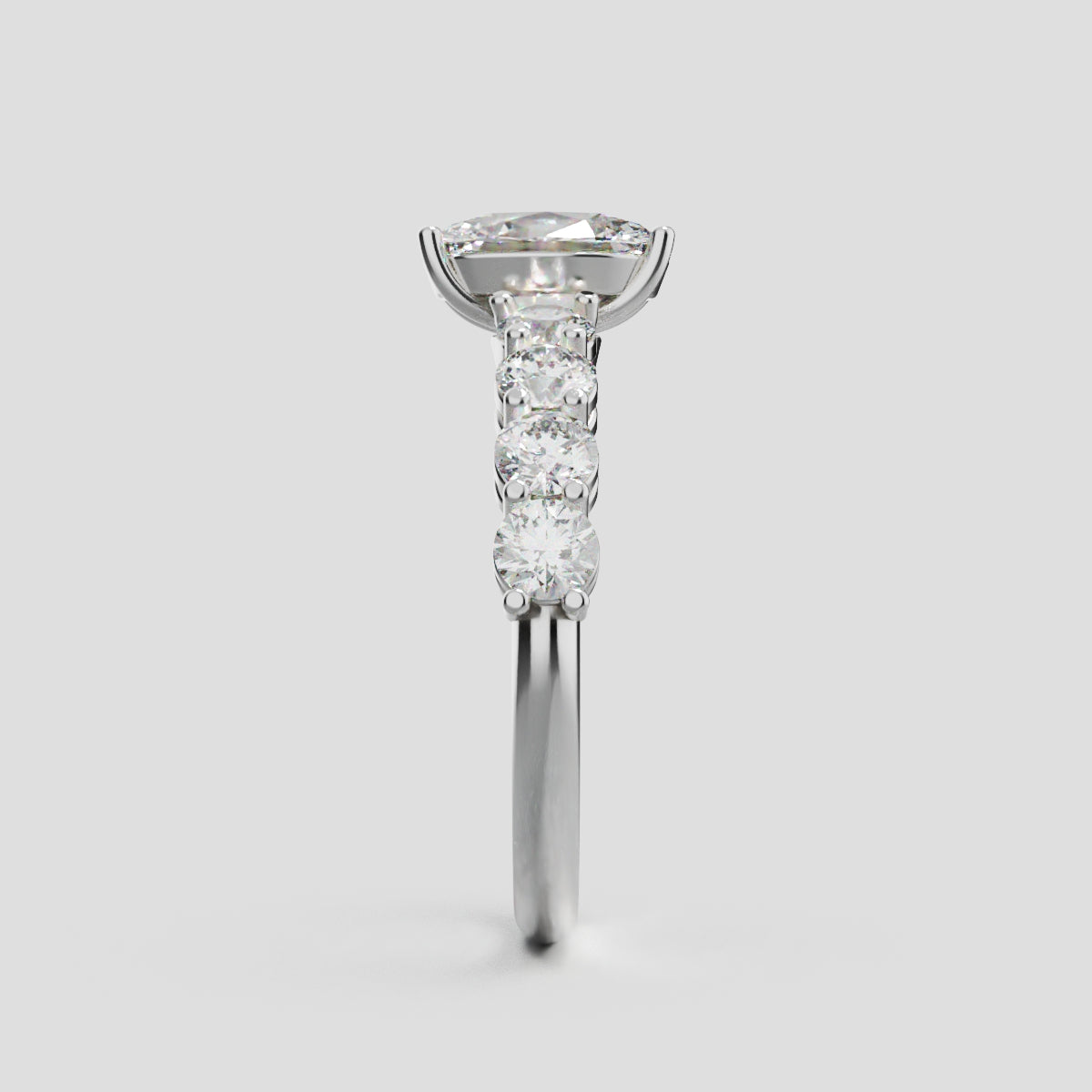 Fiume, 1ct oval lab grown diamond engagement ring, 3mm Side Stones, 18K white gold - side view
