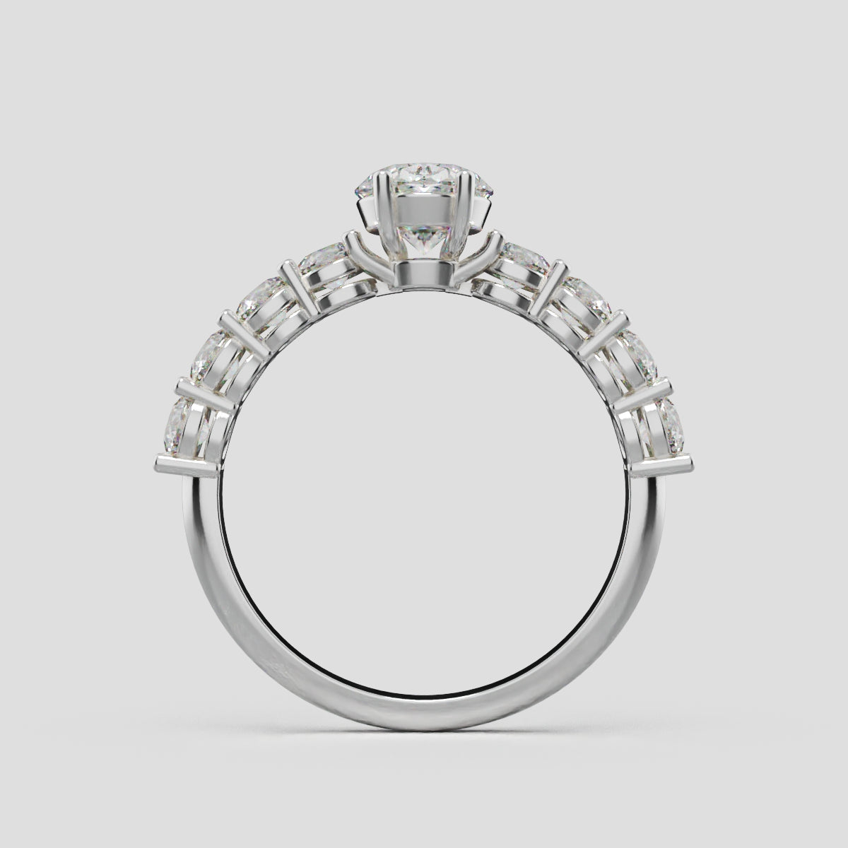 Fiume, 1ct oval lab grown diamond engagement ring, 3mm Side Stones, 18K white gold - through finger