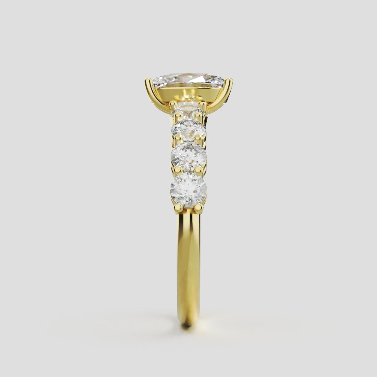 Fiume, 1ct oval lab grown diamond engagement ring, 3mm Side Stones, 18K yellow gold - side view