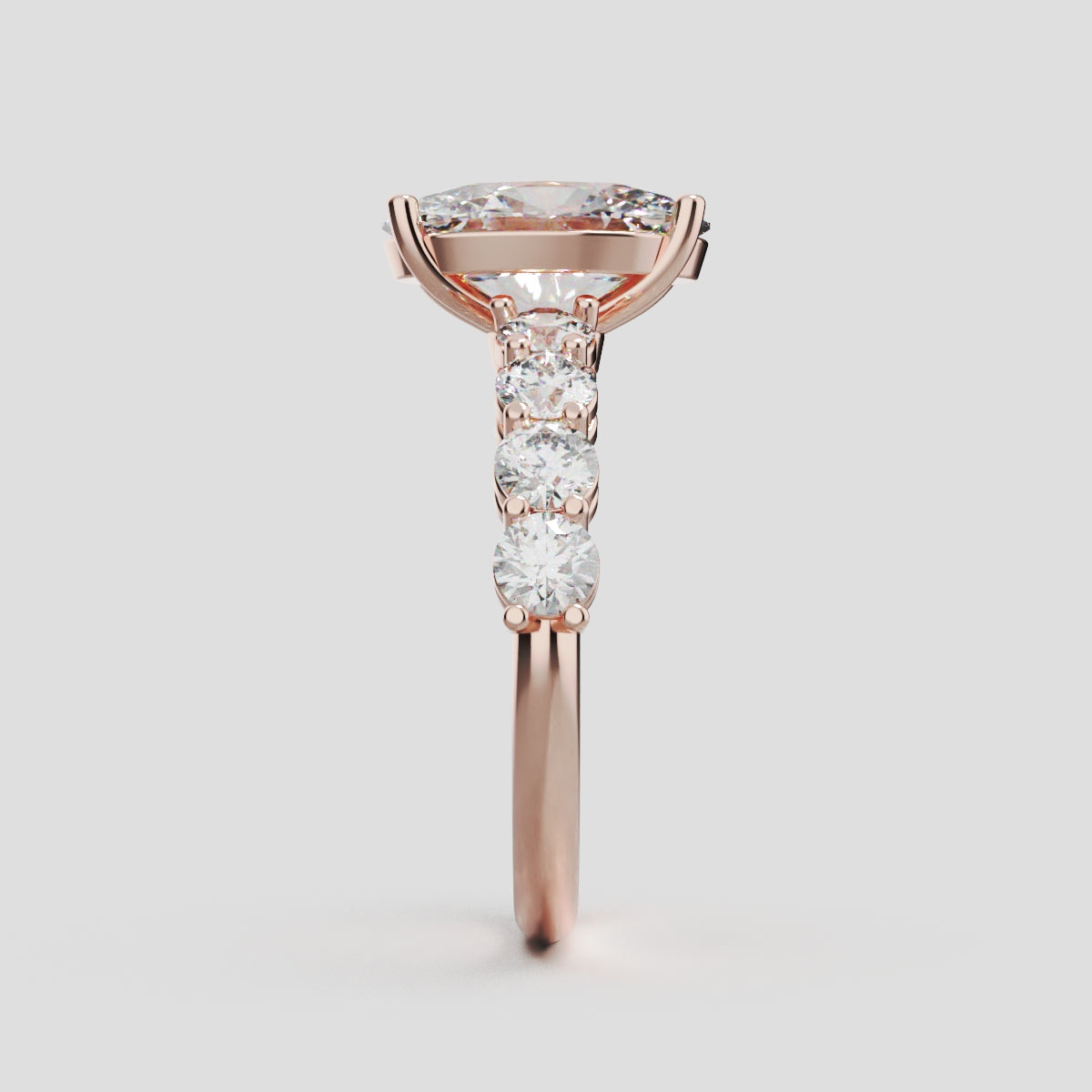 Fiume, 2ct oval lab grown diamond engagement ring, 3mm Side Stones, 18K rose gold - side view