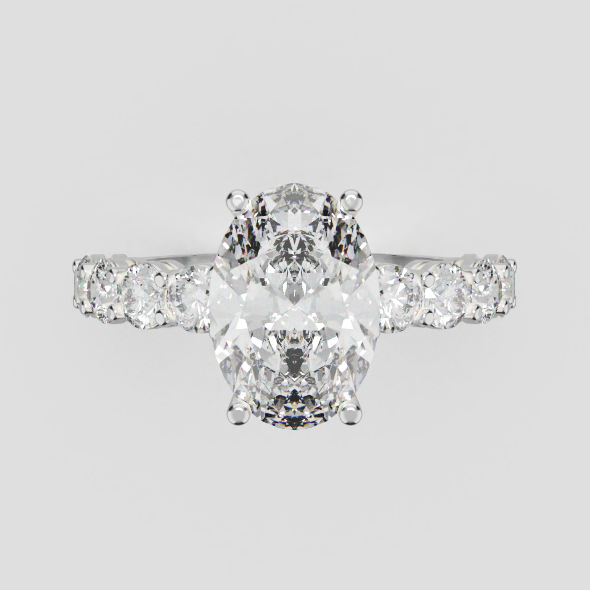 Fiume, 2ct oval lab grown diamond engagement ring, 3mm Side Stones, 18K white gold - front view