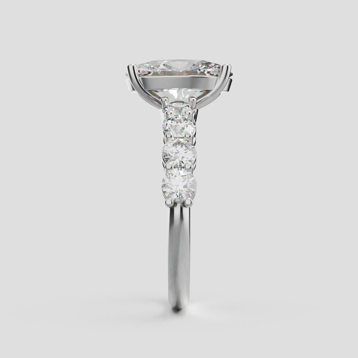 Fiume, 2ct oval lab grown diamond engagement ring, 3mm Side Stones, 18K white gold - side view