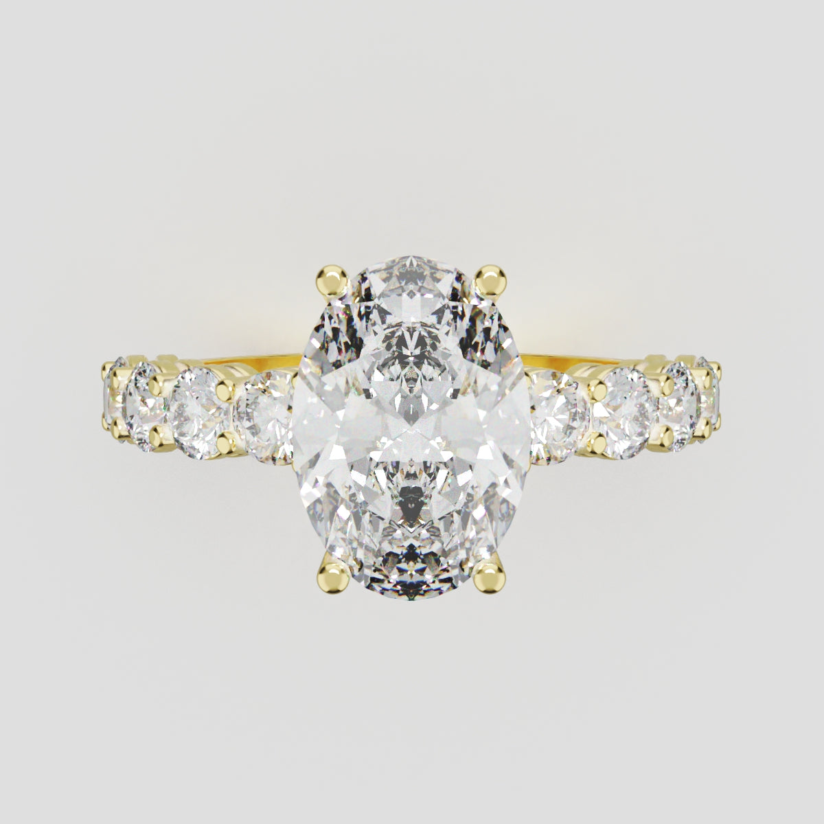 Fiume, 2ct oval lab grown diamond engagement ring, 3mm Side Stones, 18K yellow gold - front view