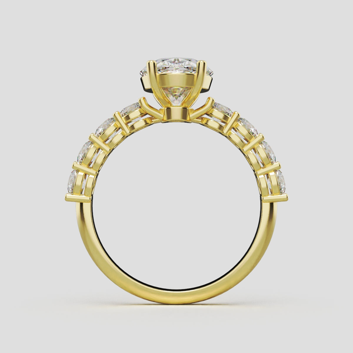 Fiume, 2ct oval lab grown diamond engagement ring, 3mm Side Stones, 18K yellow gold - through finger