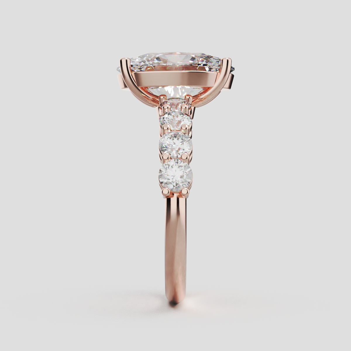 Fiume, 3ct oval lab grown diamond engagement ring, 3mm Side Stones, 18K rose gold - side view