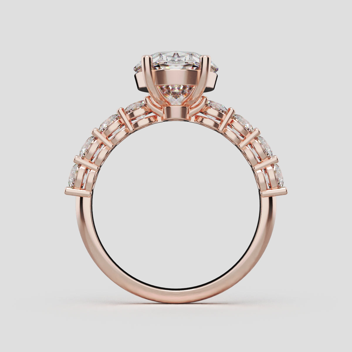 Fiume, 3ct oval lab grown diamond engagement ring, 3mm Side Stones, 18K rose gold - through finger