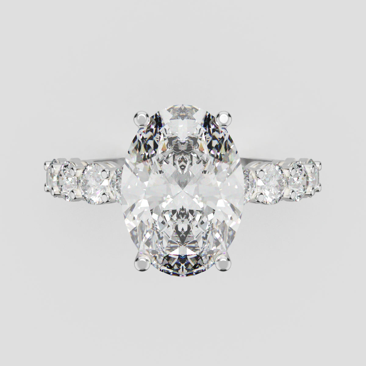 Fiume, 3ct oval lab grown diamond engagement ring, 3mm Side Stones, 18K white gold - front view