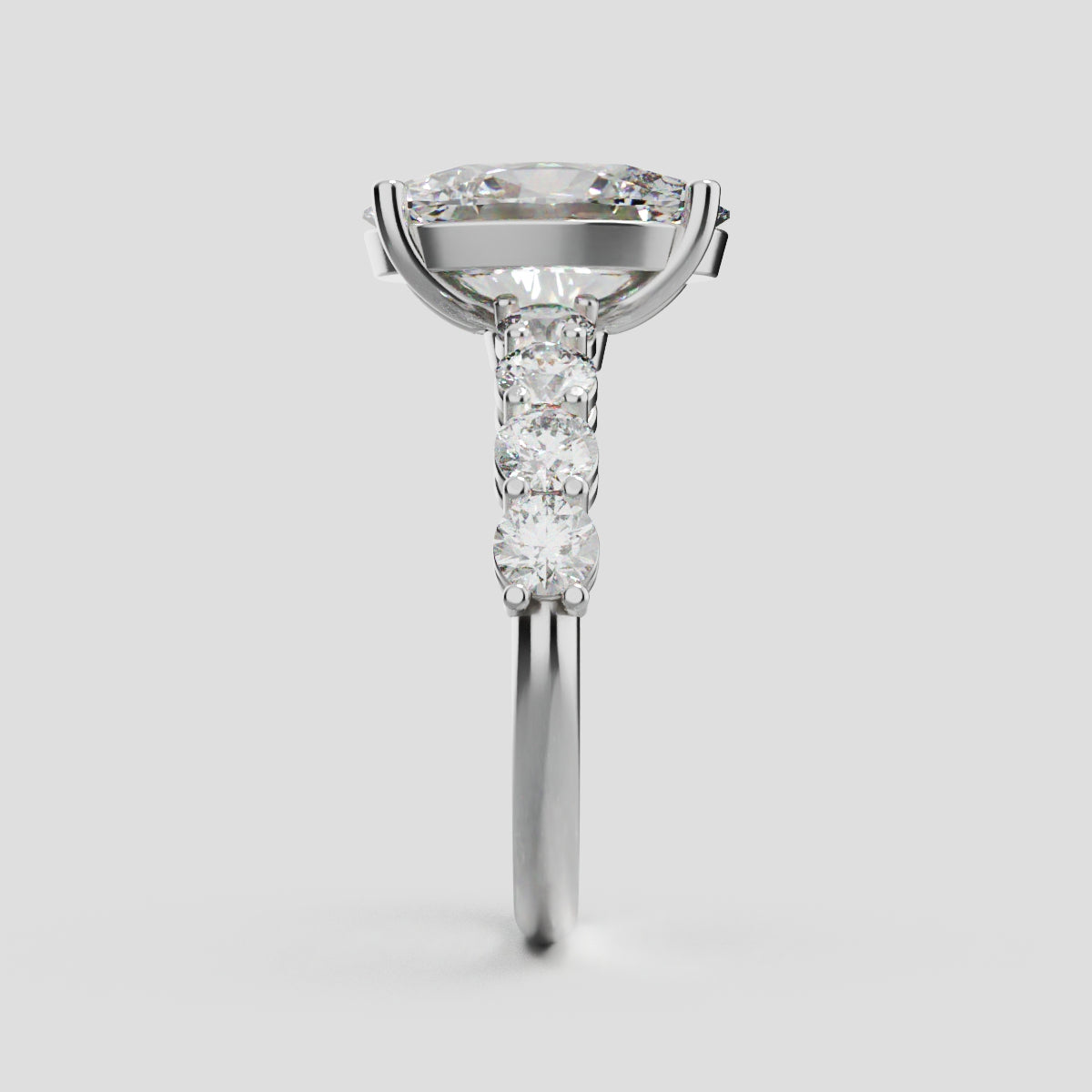 Fiume, 3ct oval lab grown diamond engagement ring, 3mm Side Stones, 18K white gold - side view