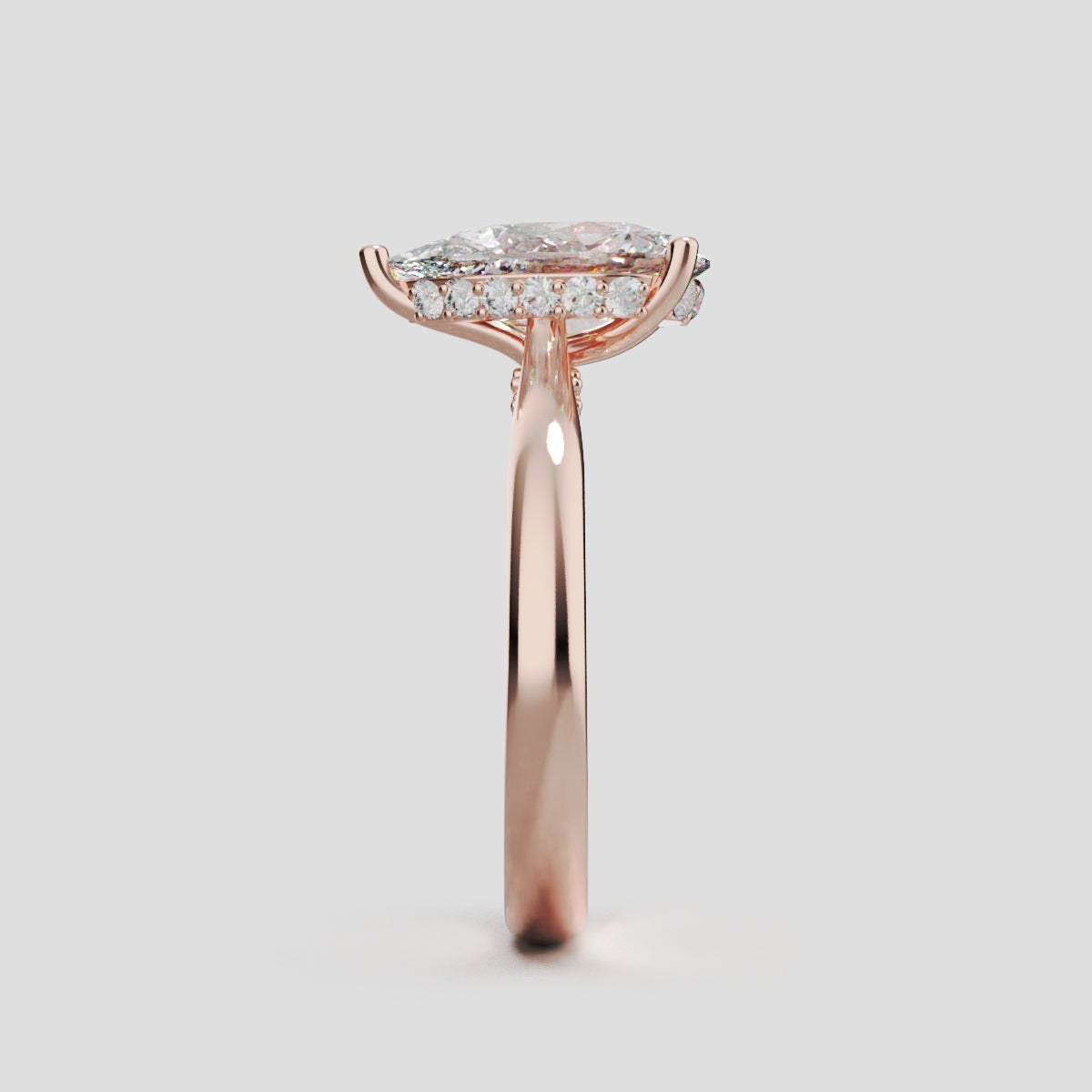 Campanile, 1.5ct pear lab grown diamond engagement ring, Cathedral Hidden Halo Bridge, 18K rose gold - side view