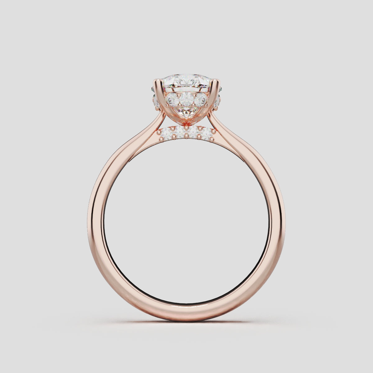 Campanile, 1.5ct pear lab grown diamond engagement ring, Cathedral Hidden Halo Bridge, 18K rose gold - through finger